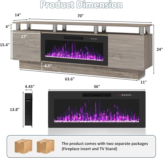 PUKAMI 70" Fireplace TV Stand with 36" Electric Fireplace, LED Light Entertainment Center with Storage, 2 Tier Modern Wood Media TV Console with Highlight Cabinet for Living Room, Grey - Image 8