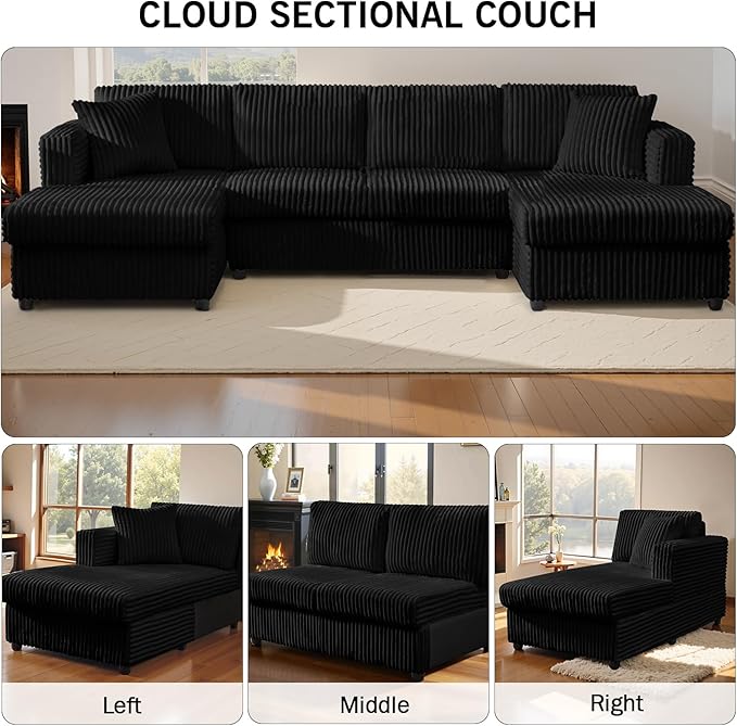 123" U-Shaped Modular sectional Sofa, Two L-Shape Chaise with 2 Cloud Couch sectional with Two Pillows, couches for Living Room (Black)