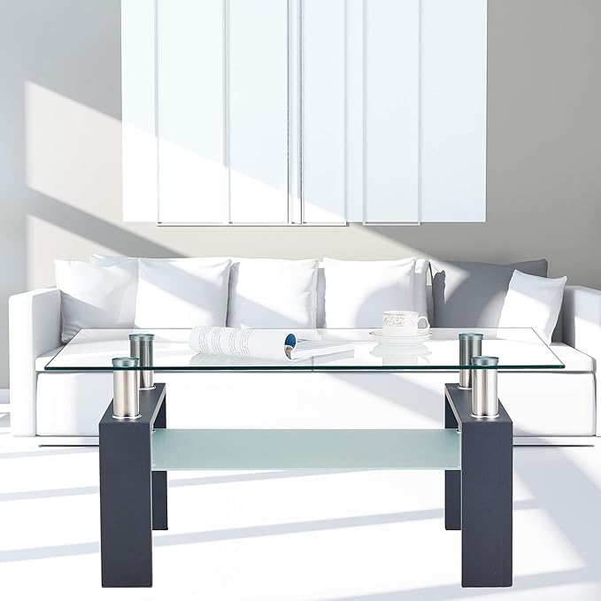 Tempered Glass Coffee Table for Living Room with 2 Tiers Size 39.4" x 23.7" (W x D) Black