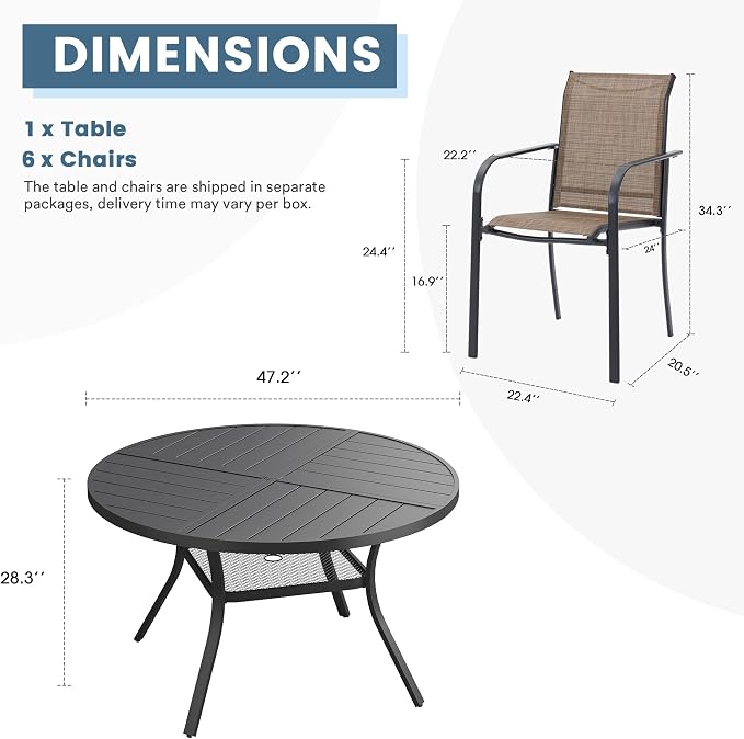 DIFY Patio Dining Set for 6, 7 Piece Outdoor Table and Chairs Set, 47.2" Black Round Metal Patio Dining Table and 6 Brown Textilene Stackable Patio Chairs, for Backyard Garden Poolside - Image 8