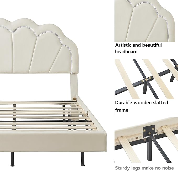 2-Pieces Bedroom Sets,Full Size Upholstered Led Platform Bed with Storage Ottoman,Easy to Assemble,No Box Spring Needed (Beige-4)