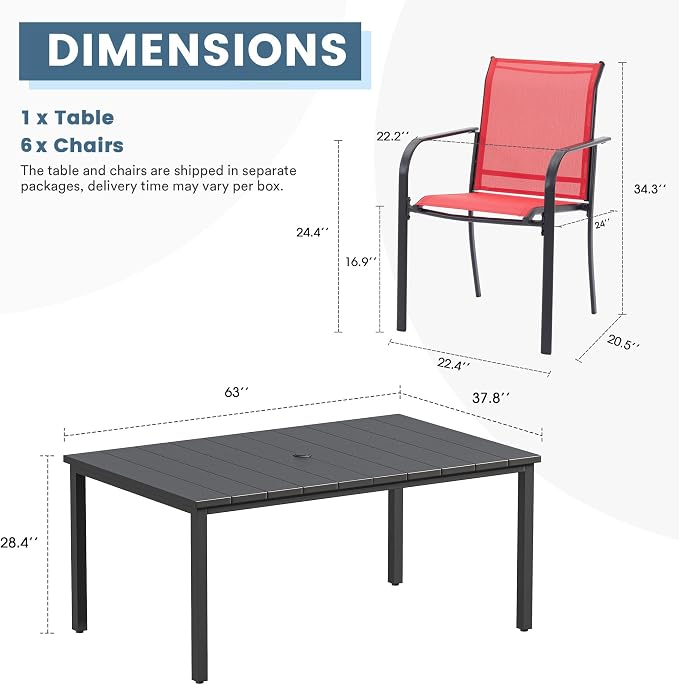 DIFY 7 Pieces Outdoor Patio Dining Set for 6, 63" Black Rectangle Metal Dining Table and 6 Red Stackable Sling Dining Chairs, Outdoor Table and Chairs for Lawn Garden Backyard Deck - Image 7