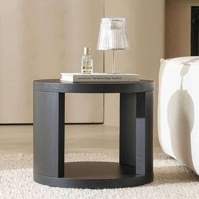 Round Nesting Coffee Table Set of 2, Black Coffee Table, 31.5" Large & 18" Small Low Tables with Wood Top, Center Table for Living Room, Bedroom, Minimalist Center Table Set