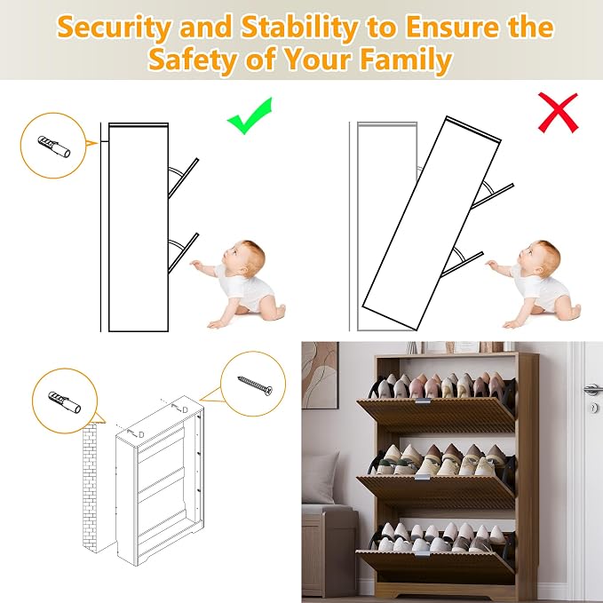 BORNOON Entryway Shoe Cabinet with 3 Flip Drawers, Narrow Shoe Organizer Cabinet with Fluted Panel and Adjustable Shelves for Foyer, Hallway - Image 7