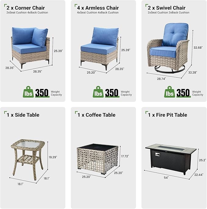 11 Pcs Patio Furniture with Fire Pit Table, Outdoor Rattan Wicker Conversation Set with Glowing Coffee Table, Comfy Sectional Sofa for Porch Balcony Backyard Pool, Light Blue