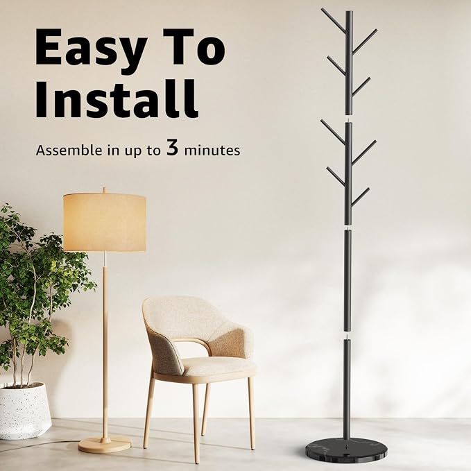 HzTinT Coat Rack with Natural Marble Base, Metal Freestanding Coat Rack with 8 Hooks, 3 Adjustable Size Sturdy Coat Tree for Bags, Coats, and Hats for Entryway, Hallway, Bedroom, Office, Black - Image 7