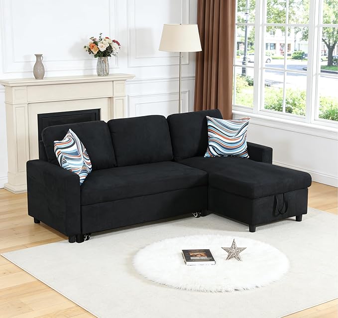 Sectional Sleeper Sofa with Pull Out Bed, L Shaped Pull Out Couch with Storage Chaise, 3 Seats Convertible Couch Bed for Apartment, Living Room, Black