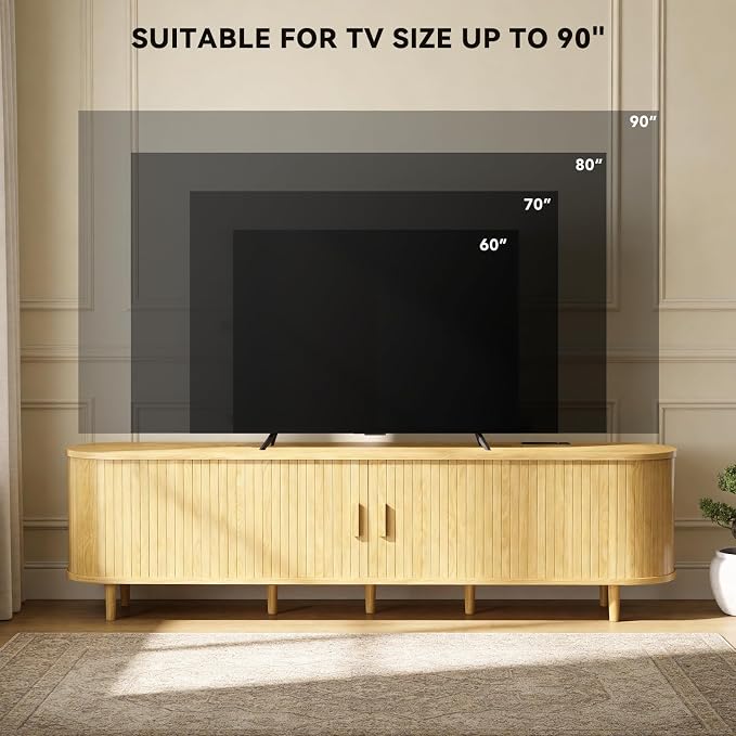 80" Mid Century Modern TV Stand with Power Outlet, Fluted Entertainment Center with Storage and Adjustable Shelves, Wood TV Console with Sliding Doors for Living Room, Oak - Image 7