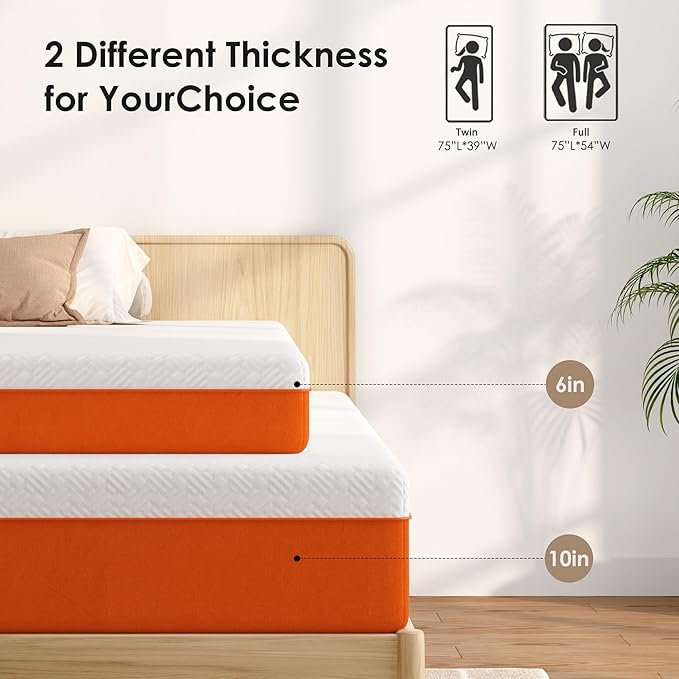 10 Inch Twin Size Mattress for Dorms, Daybeds, Living Room, Guest Rooms, Gel Memory Foam Mattress, Medium Firm, Removable Washable Cover