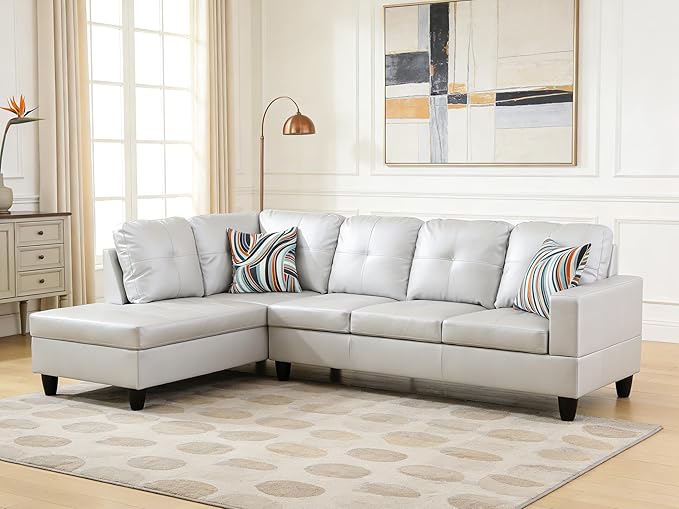 103.5 Inch Modern L-Shaped Couch, PU Leather Sectional Sofa with Chaise Lounge, 4-Seater Couch with Accent Pillows for Living Room, Apartment, Silver Grey