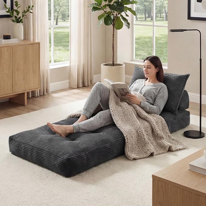 Folding Sofa Bed, Fold Out Chair Bed with Pillow, Convertible Sleeper Chair for Living Room Bedroom Guest Room Small Spaces, Comfy Corduroy Boneless Couch Bed, Grey, Single