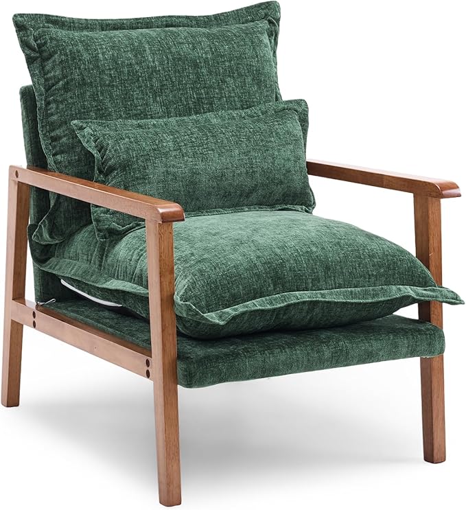 VINGLI Mid-Century Modern Cloud Accent Armchair with Lumbar Pillow, 6.3'' Thick Seat Cushion Comfy Reading Chair with Wooden Armrests,Boho Lounge Chair for Bedroom, Living Room, Chenille, Dark Green