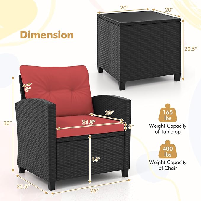 HAPPYGRILL 3 Pieces Wicker Patio Conversation Set, PE Rattan Bistro Sofa Set with Tempered Glass Coffee Table, Washable Cushions, Outdoor Furniture Set for Garden Poolside Balcony (Red)