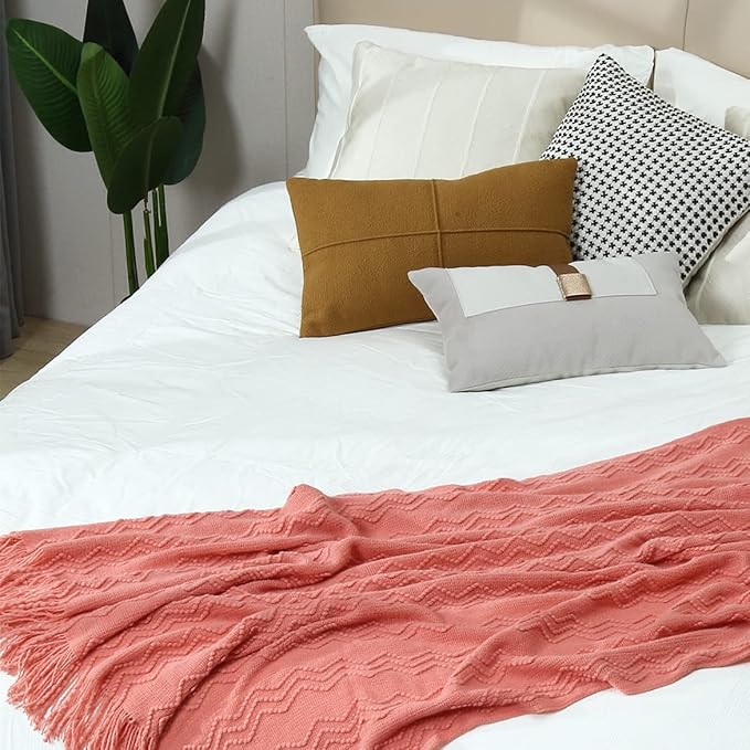 CREVENT Knitted Decorative Throw Blanket for Couch Sofa Chair Bed,Soft Warm Cozy Light Weight for Spring Summer (50''X60'' Salmon/)
