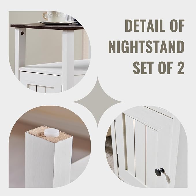 IFBUY Farmhouse Nightstands Set of 2, Narrow Bedside Table with Charging Station, Night Stand Set 2 with Storage & Open Shelf, End Tables w/Groove Barn Door for Bedroom, Living Room-Antique White - Image 6