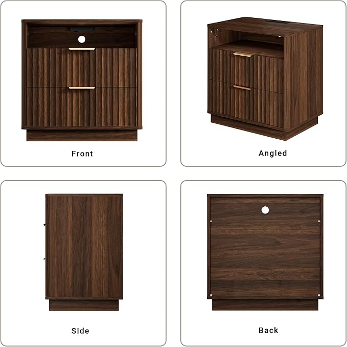 Fluted Nightstand, 23" Wide Night Stand, Walnut Nightstand with Charging Station, 2 Drawer Wooden End Table w/Storage, Large Modern Bedside Table for Bedroom Sofa Home Office,Curved Corners - Image 7