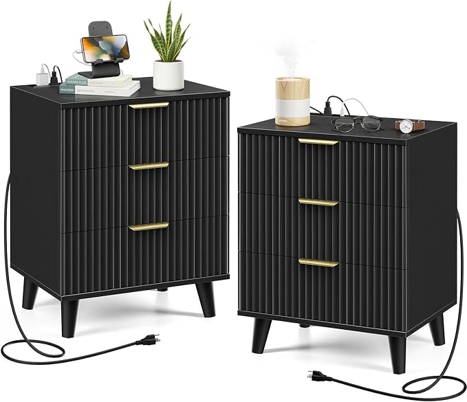 Black Fluted nightstands Set of 2, 20 inch Modern Nightstand with Charging Station Wood Bedside End Table with 3 Large Storage Drawers, Tall Side Table for Bedroom Sofa Office by miucore