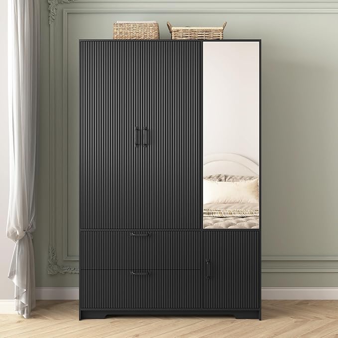 72'' Fluted Armoire Wardrobe Closet with Mirror Door and 2 Drawers,Tall Bedroom Armoire Wardrobe Cabinet with Hanging Rod,Wooden Bedroom Closet with 4 Adjustable Shelves (Black)