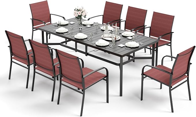 HERA'S HOUSE 9 Pieces Patio Dining Set, Outdoor Metal Table and Chairs Set for 8, 83" Rectangular Table with 1.71" Umbrella Hole, 8 x Textilane Patio Dining Chairs for Lawn Garden Backyard Deck - Image 9