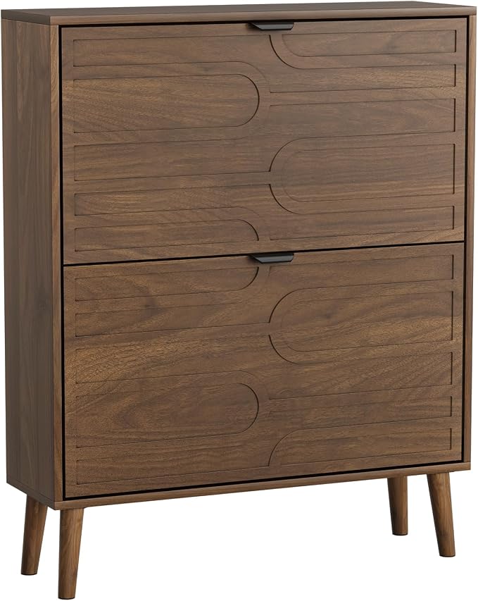 Smart FENDEE Shoe Cabinet with 2 Flip Drawers, Freestanding Shoe Storage Cabinet with Fluted Panel Design, Hidden Shoe Organizer Rack for Enterway, Hallway, Foyer, Brown - Image 6