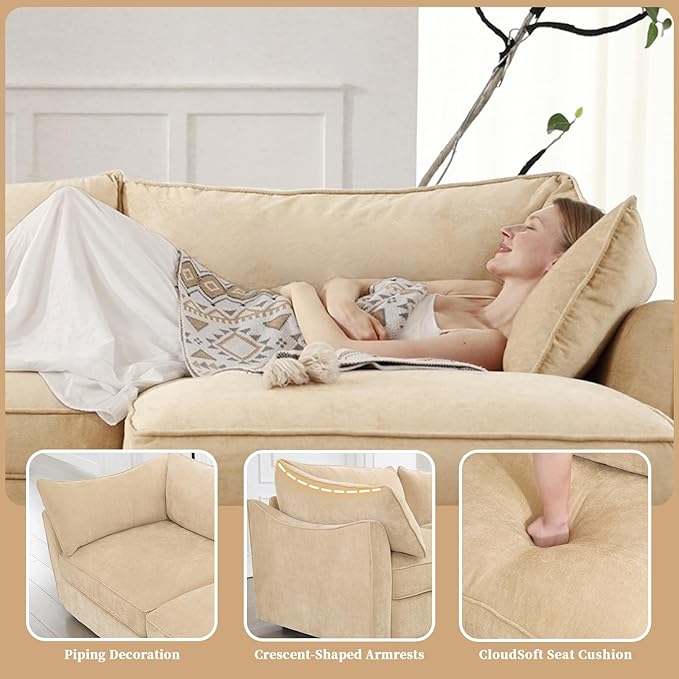 Rovibek 112” L Shaped Couch with Storage, Chenille Sofas for Living Room, Sectional Couch with Pull Out Drawer & Throw Pillows & Storage Ottoman, Wheat