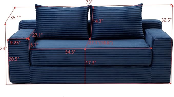 73" Convertible Sofa Bed, 2 in 1 Corduroy Folding Couch with Pillows, No Assembly Boneless Compression Sofa in Box, Loveseat with Side Storage Pocket for Apartment, Living Room, Blue