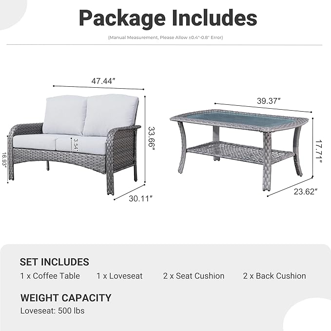 ovios 2-Piece Patio Furniture Set, Outdoor Wicker Sofa with Coffee Table, High Back Rattan Couch Loveseat with Comfy Cushions for Porch Yard Deck, Grey