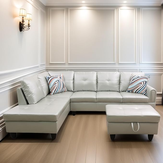 FONTOI L Shaped Sectional Couches, Leather Couch Modular Sectional Sofa with Ottoman Storage, Modern L Shaped Couch with Chaise for Living Room Bedroom Apartment Furniture, White