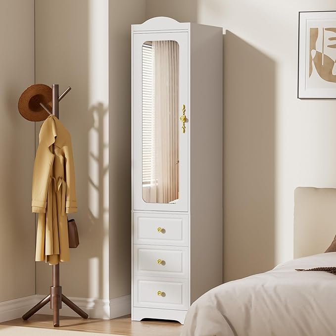 Armoire Wardrobe Closet, Updated Bedroom Armoires Cabinet with Mirror Door and 3 Drawers, 15.7" W White Clothing Storage Cabinet with Hanging Rod & Sensor Light for Bedroom-Right