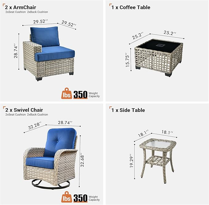 ovios 6 Piece Patio Sectional Furniture with Swivel Rocking Chairs, Rattan Wicker Coversation Set with Glowing Coffee Table, Outdoor Sofa Set for Outside Porch Balcony Backyard Pool, Navy Blue
