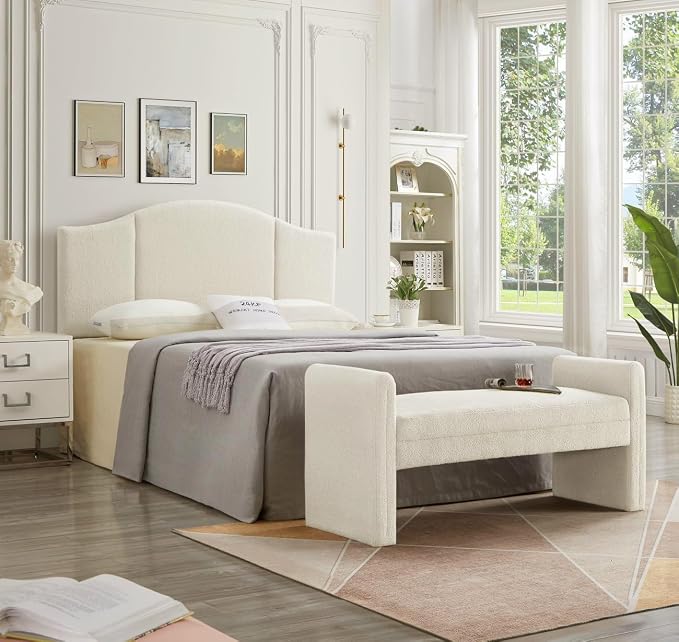 24KF Modern Upholstered Bed Bench Covered with Soft Boucle Teddy Fabric, Lovely Entryway Bench Ottoman with Armrest,5062-Cream - Image 8