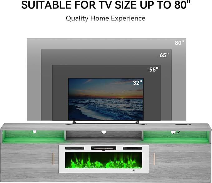 MXV 78" Fireplace TV Stand with Power Outlet for TVs UP to 90", Electric Fireplace Entertainment Center with LED Lights & Storage Cabinets, TV Console for Living Room, Office, Grey-White - Image 8