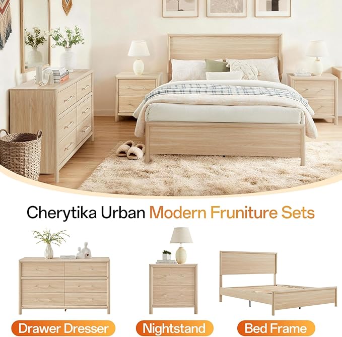Bed Frame and Nightstand Set, Queen Wood Bed Frame with Headboard and 2 2-Drawer Nightstands, 3 Pieces Mid-Century Modern Bedroom Furniture Set, Natural Ash