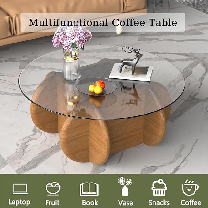 Transparent Round Glass Coffee Tables Noguchi Elegant Round Coffee Table with Solid Wood Legs and Tempered Glass Tabletop for Living Room Home Small Space Reception Office Tables 31.5"