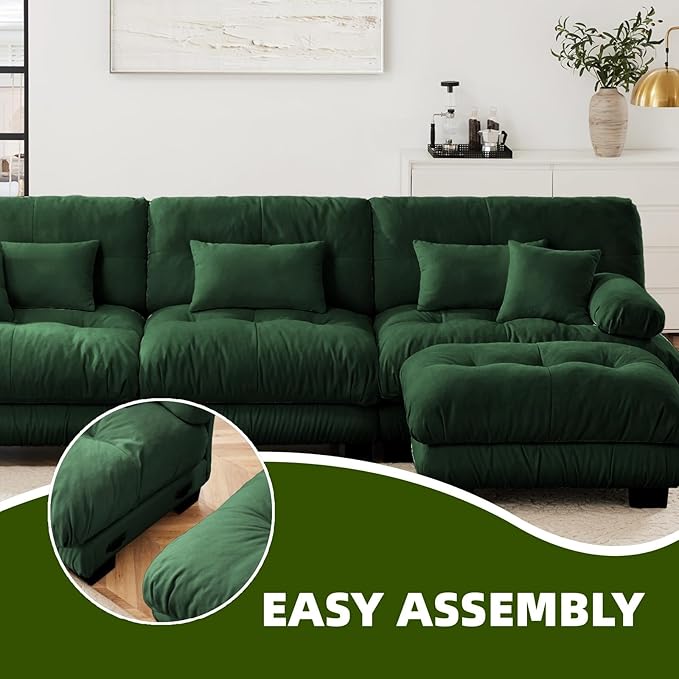 133.8" L-Shaped Cloud Couch, Oversized Modular Sectional Sofa, Deep Seat Cloud Boneless Couch, 3-Seat Modular Sectional Sofa with Ottoman or Living Room,Bedroom and Apartment, Green