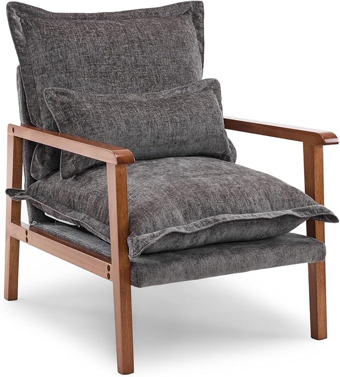 VINGLI Mid-Century Modern Cloud Accent Armchair with Lumbar Pillow, 6.3'' Thick Seat Cushion Comfortable Reading Chair with Wooden Armrests,Boho Lounge Chair for Bedroom, Living Room, Chenille, Grey