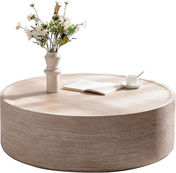 Round Coffee Table in Faux Marble, 39.37" W × 12" H Stone Coffee Tables for Living Room, Modern Drum Center MDF Vintage Design Low, Office, Apartment No Assembly Required Beige Mars