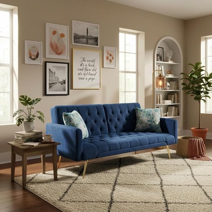 Futon Sofa Bed, Convertible Futon Couch with Adjustable Backrest, 68.31” Folding Sofa Bed with 2 Pillows & Metal Legs, Sleeper Loveseat with Armrest for Home Office, Blue