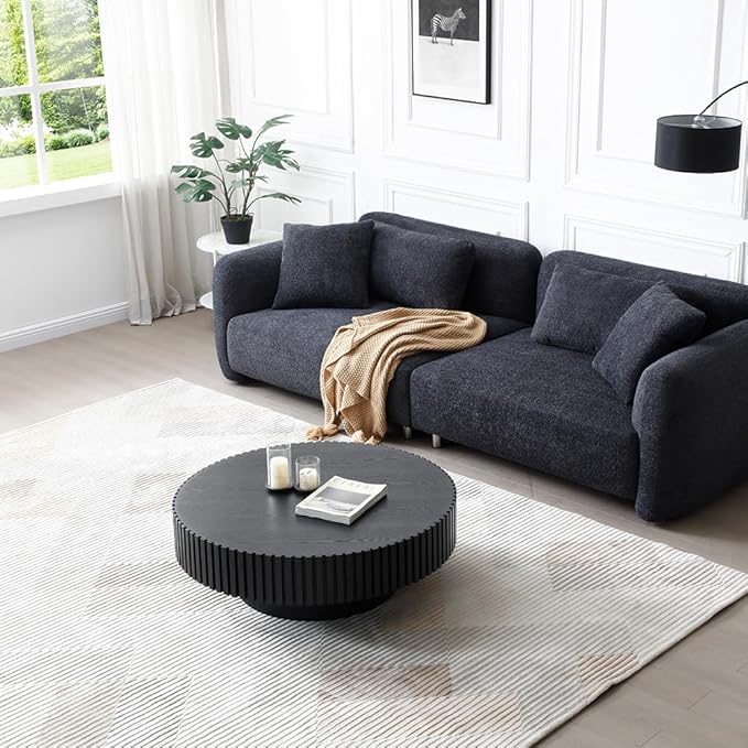 WILLIAMSPACE 31.49" Black Round Coffee Table, Modern Luxury Wood Circle Drum Center Table for Living Room, Accent Side End Table for Apartment, ø31.49'' x 13.77''H (Black)