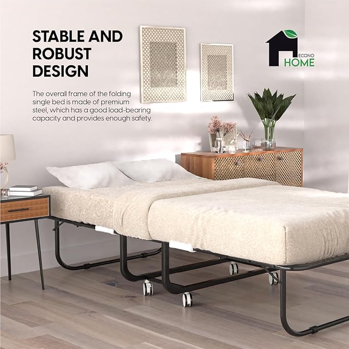 EconoHome Folding Bed with Mattress - 75x31 Cot Size Frame - Portable Rollaway Guest Bed with 5-inch Memory Foam Mattress - Space-Saving Foldable Design for Easy Storage (31 Inch)