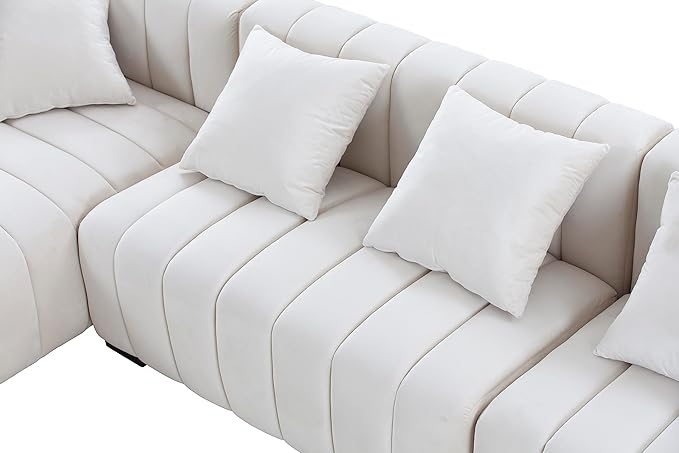 KEIKI 139" L-Shape Velvet Modular Sectional Sofa with Left Chaise Lounge, Modern Style Upholstered Oversized Reversible 3-Seater Channel Tufted Couch, Easy Assembly, for Apartment, Living Room, Beige