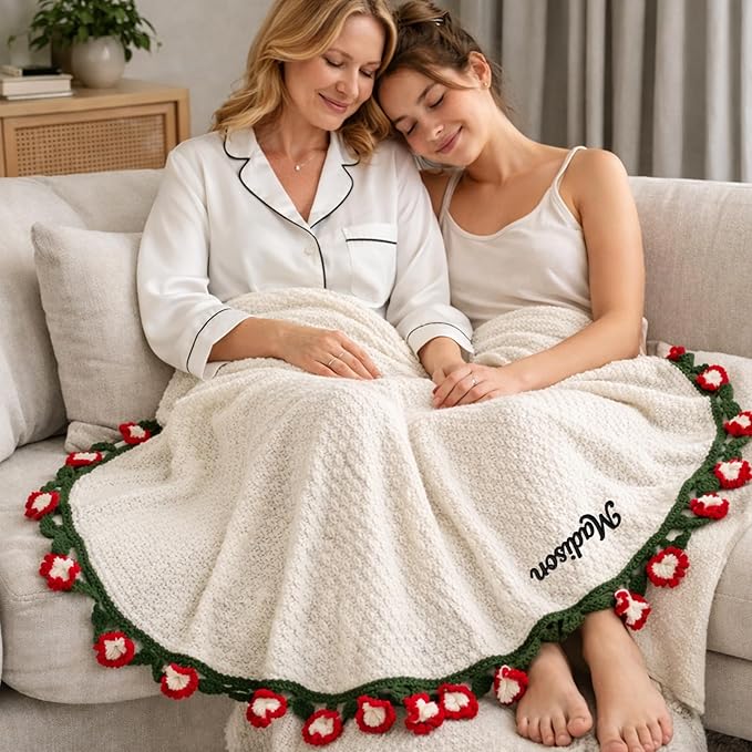 Personalized Handmade Crochet Rose Flower Blanket Bouquet – Custom Name Gift for Mother's Day, Valentine’s Day, Mom or Girlfriend(Carnations)