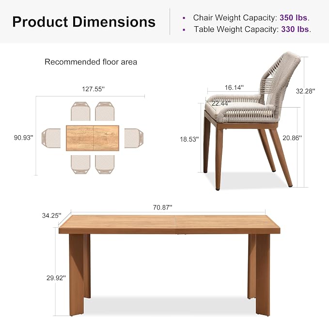 PURPLE LEAF 7 Pieces Dining Set Patio Metal Rectangular Table and Wicker Rattan Chairs for Outside Porch Garden Kitchen Modern Outdoor Furniture Sets - Image 9