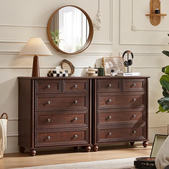 RWYHG Farmhouse 5 Drawer Dresser Set of 2 for Bedroom, 35.5" Walnut Tall Small Dressers & Chest of Drawers, Rustic Wood Dresser with Roman Column, Storage Organizer for Living Room, Hallway, Closet - Image 9