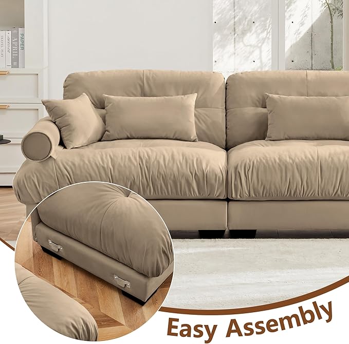 KEIKI 166" L-Shaped Oversized Velvet Modular Sectional Sofa with 1 Ottoman, High-Density Foam Cushions and Bolstered Armrests, Upholstered 4-Seater Cloud Couch with 6 Pillow, for Living Room, Camel