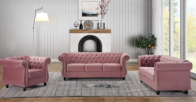 Feinstein Modern Velvet Chesterfield Couches for Living Room with Nailheads, Diamond Tufting & Durable Metal Frame, Chair, Rose