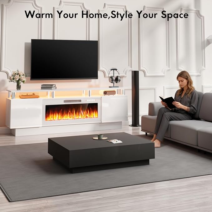 TAVATA 70" Fireplace TV Stand with 36" Fireplace for TVs up to 80", Modern Wooden Entertainment Center with LED Lights for Living Room Bedroom, High Gloss TV Console Cabinet with Open Shelf, White - Image 7