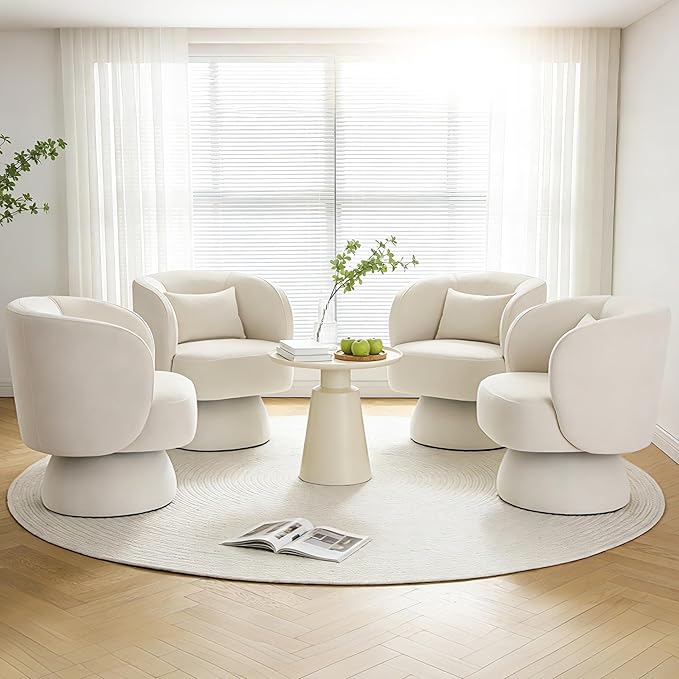 ClinQ Swivel Barrel Chair with Pillow Set of 2, Cloud Velvet Accent Chair, Upholstered Cuddle Reading Lounge Chair, 360° Modern Boucle Swivel Curved Armchair for Living Room, Bedroom, Office, White