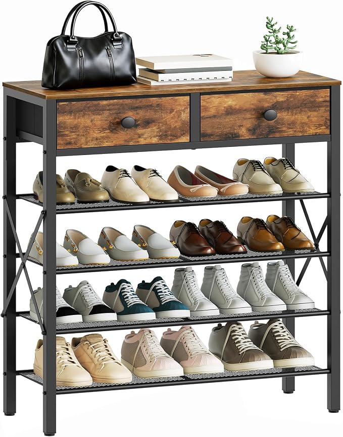 YATINEY 5 Tier Shoe Rack, Large Capacity Shoe Storage Organizer, Metal Shoe Shelf with Drawer and Wooden Top, for 20 Pairs of Shoes, for Entryway, Closet, Rustic Brown and Black SS25BRY1N1 - Image 9