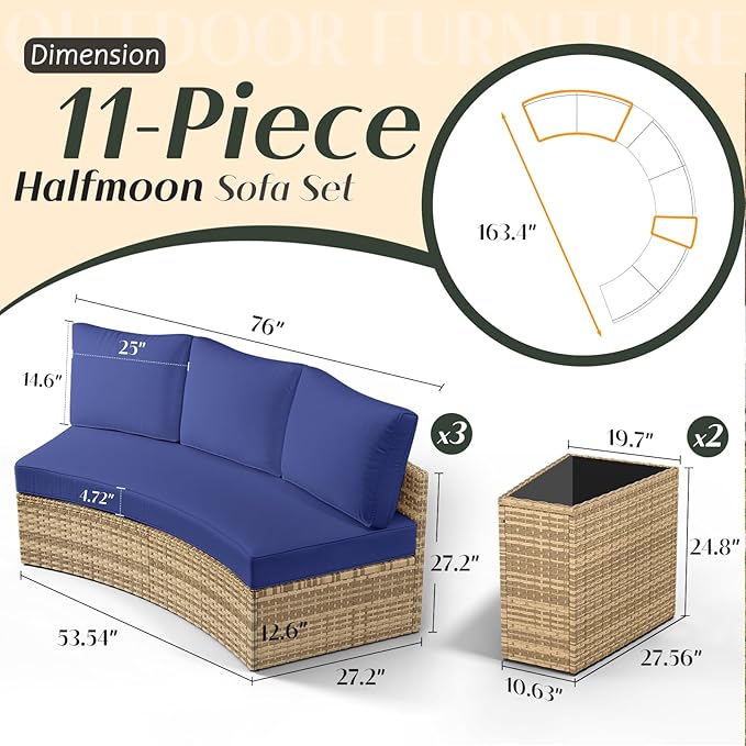 PaPaJet 11-Piece Patio Furniture Set with Large Storage Wedge Table, Half-Moon Wicker Sectional Sofa with Cushions, Waterproof Rattan Outdoor Conversation Set for Beach, Pool, Garden & Balcony, Blue